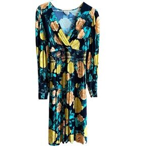 Plenty By Tracy Reese Blue Yellow Wrap Dress Bishop Smocked Sleeves Women Sz XS